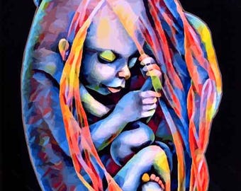 colorful original abstract art baby fetus in womb art print pregnancy human anatomy artwork