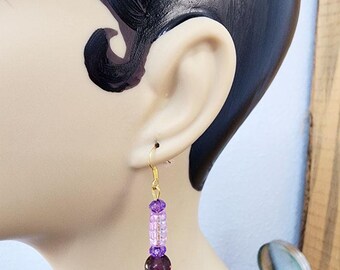 purple glass bead drop earrings, dangles, handmade  beaded jewelry