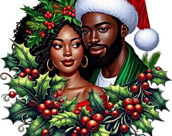 beautiful black African man and woman Christmas wreath png,  christmas clipart jpg printable digital download graphics