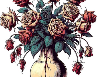 vase with dying roses png, dead roses clipart, flowers printable art instant download digital prints