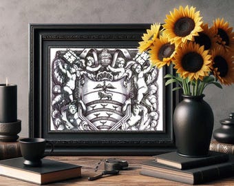 coat of arms, original angels art ink drawing, hand drawn art, cherubs, knights shield,  baroque leaves, fantasy medieval artwork