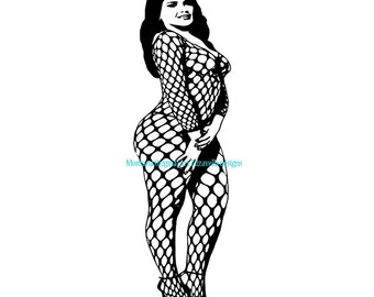 sexy babe model pinup big girl svg jpg png, black fishnet body stocking, clipart printable art ,instant download ,digital transfer image