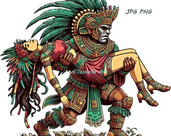 masked aztec warrior holding woman png , aztec princess jpg color illustration printable Mexican indian art, mexico people digital download,