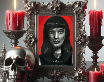 beautiful exotic vampire womans face portrait original art pencil drawing dimple chin fashion beauty artwork