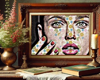 womans face flower tattoos original art print, womans portrait art