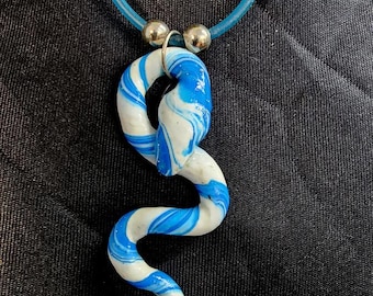 blue and white stripes handmade clay snake pendant cord necklace handmade jewelry