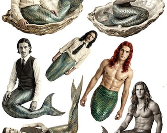 mermen  mermaid man antique photo style paper dolls collage sheet crafts cut outs clipart png jpg printable digital download