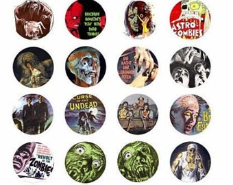 printable zombies undead vintage horror movie posters digital downloadable collage sheet clipart 1.5 inch circles DIY jewelry making pendant
