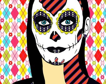 honoring of ancestors Day Of The Dead skull face woman art original abstract Mexican folk contemporary artwork