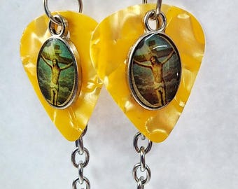 Jesus Christ crucifix cross charms gold guitar pick earrings dangles handmade music jewelry