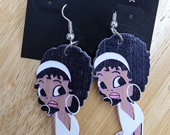 big printed earrings, cute black african womans face afro, plastic earrings, pinup girls, long dangles, acrylic jewelry