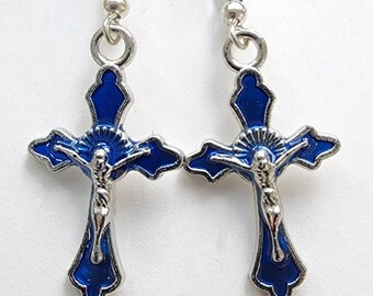 blue enamel cross crucifix earrings, metal charm dangles religious jewelry