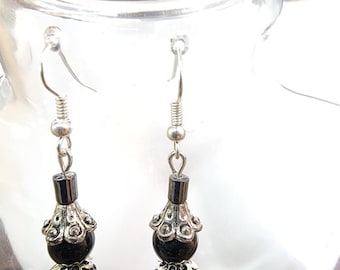 black raspberry flower bead drop earrings, long dangles handmade jewelry