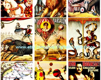 1800s 1900s Vintage Circus collage sheet carnival art, digital clipart download 2.5" x 3.5" aceo cards printable images, animals, clowns,