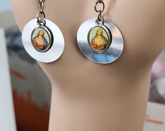 Jesus Christ picture charm sequin earrings dangles handmade jewelry