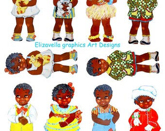 cute black african children mini paper dolls art digital collage sheet clipart jpg instant download printable scrapbook journals crafts