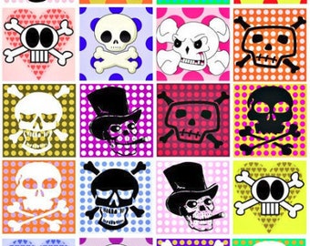 digital collage sheet, cartoon skulls, pop art, patterns, polka dots, day of the dead, instant download, clipart, 2 inch squares printable