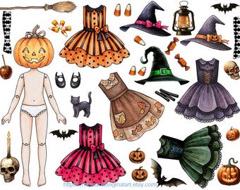 pumpkin head girl Halloween paper doll cut out digital download crafts printable