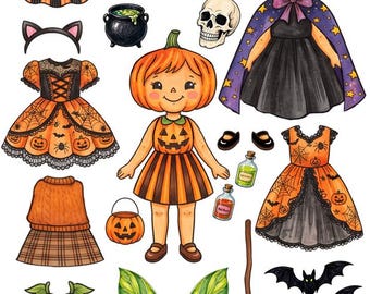 Jacko lantern pumpkin head girl Halloween paper doll cut out digital download crafts printable