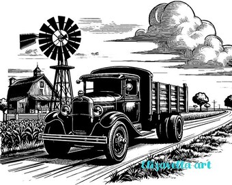 old farm truck windmill barn illustration png Clipart- ink stamp style clip art,  logo icons instant download printable