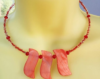 red shell waves seed bead necklace, glass beaded wire,  handmade beach surfer hippie boho jewelry