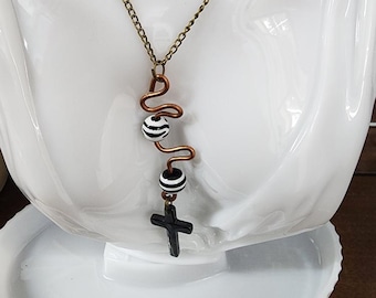 copper wire hemalyke cross pendant striped beads long NECKLACE bronze chain handmade jewelry