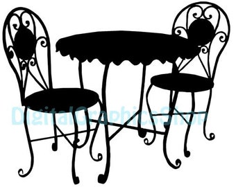 black bistro patio furniture table chairs silhouette printable art clipart png jpg digital instant download