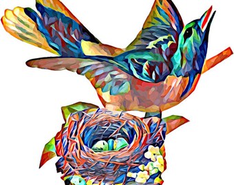 Bird in Nest abstract art clipart png jpg printable digital download animals wildlife nature digital downloadable graphics image