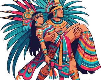 aztec warrior holding princess woman png jpg color illustration printable Mexican indian art, mexico people digital download,