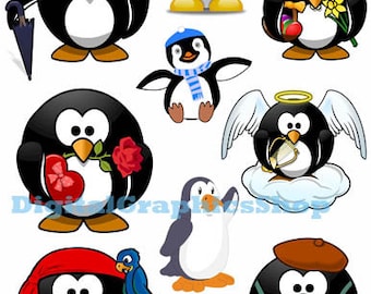 birds cartoon art, penguins, clipar, printable stickers, collage sheets, digital print, instant download, die cuts, animal images,