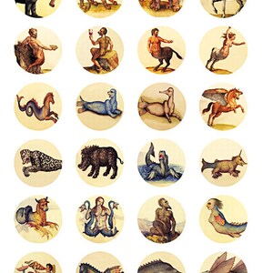 favole vintage fantasy bestie foglio di collage digitale cerchi da 1,5 pollici favole folklore mitologia arte clipart stampa digitale download