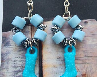 blue cowgirl earrings, cowgirl boots hoop earrings, plastic long dangles hadmade country western jewelry