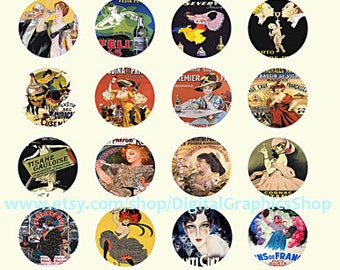 vintage French product advertisements, digital collage sheet, 1.5" inch circles, clipart, instant downloads, scrapbook prints