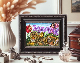 fantasy fairy land original art print baby tiger cubs original fantasy drawing fairytale art print
