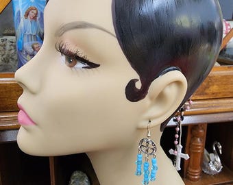 circle cross chandelier earrings, blue bead drops,  long dangles, beaded handmade jewelry