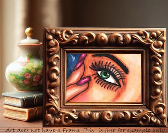 womans green eye aceo original art, red fingernails, makeup, aceo art card, atc, drawings, miniature By Elizavella