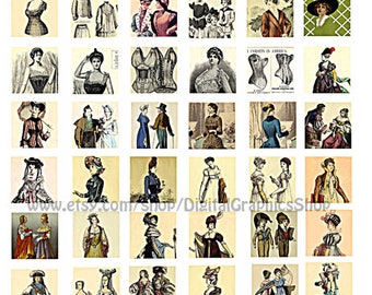 vintage 1500s to 1900s fashion,  dresses clipart, digital collage, instant download, 1" inch squares, graphics images diy craft printables