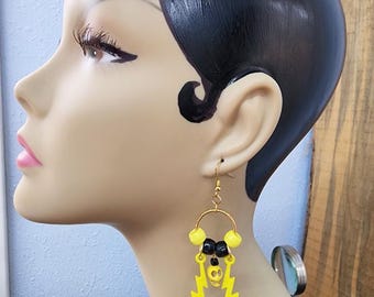 sugar skull hoop bead earrings, yellow lightning bolts, day of the dead dangles goth handmade jewelry