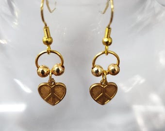 peace sign hearts earrings, gold tone metal brass dangles, handmade jewelry