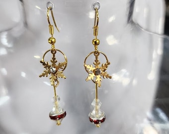 gold snowflake crystal earrings, bead drop dangles, handmade jewelry