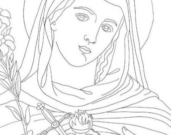 Virgin Mary Coloring page for adults, JPG PDF Printable,  Instant download, Catholic christian religious line Art,