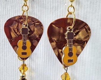enamel guitar charm brown guitar pick earrings dangles handmade music jewelry