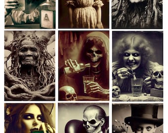 spooky old photographs digital collage sheet, aceo cards witches warlocks absinthe antique creepy photos, printable vintage clipart download