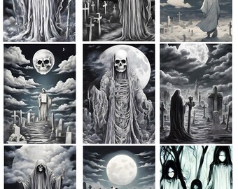 printable ghosts spirits horror art aceos 2.5" x 3.5" digital collage sheet, clipart, tags lables cards instant download