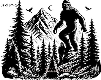 Big Foot Yeti in the forest printable art mythology ink illustration clipart digital print download