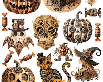 steampunk halloween paper crafts cut outs digital collage sheets download witches pumpkins cats clipart printable die cuts