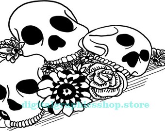 skuls and flowers day of the dead art, svg vector, png clipart, instant download, digital print, printable wall art