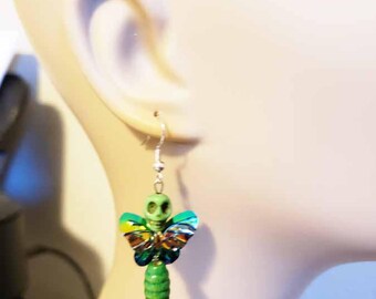 green skull earrings, butterfly skulls, sugar skull bead earrings, day of the dead, handmade jewelry, goth, punk