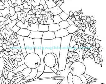 love birds, animals coloring page, flowers nature, printable art, digital print, instant download, line art