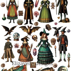 Feuille de collage de poupées en papier de sorcière de style victorien, potions de têtes de mort, baguettes magiques clipart png jpg art original imprimable téléchargement numérique